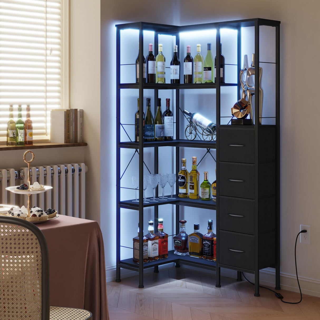 AFLUI Corner Bookshelf with LED Light Strips & 4 Fabric Drawers, 5-Tier Convertible Corner Shelf with Display Shelf, Large Wood Industrial Bookcase for Living Room, Bedroom, Home Office, Black AFLUI