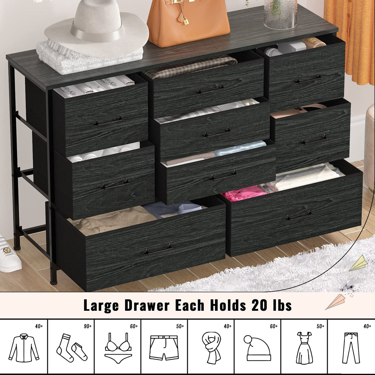 Furnulem Wide Dresser with 9 Large Drawers for 55'' Long TV Stand Entertainment Center,Wood Shelf Storage for Bedroom,Living Room,Closet,Entryway,Sturdy Metal Frame(Black Oak Furnulem