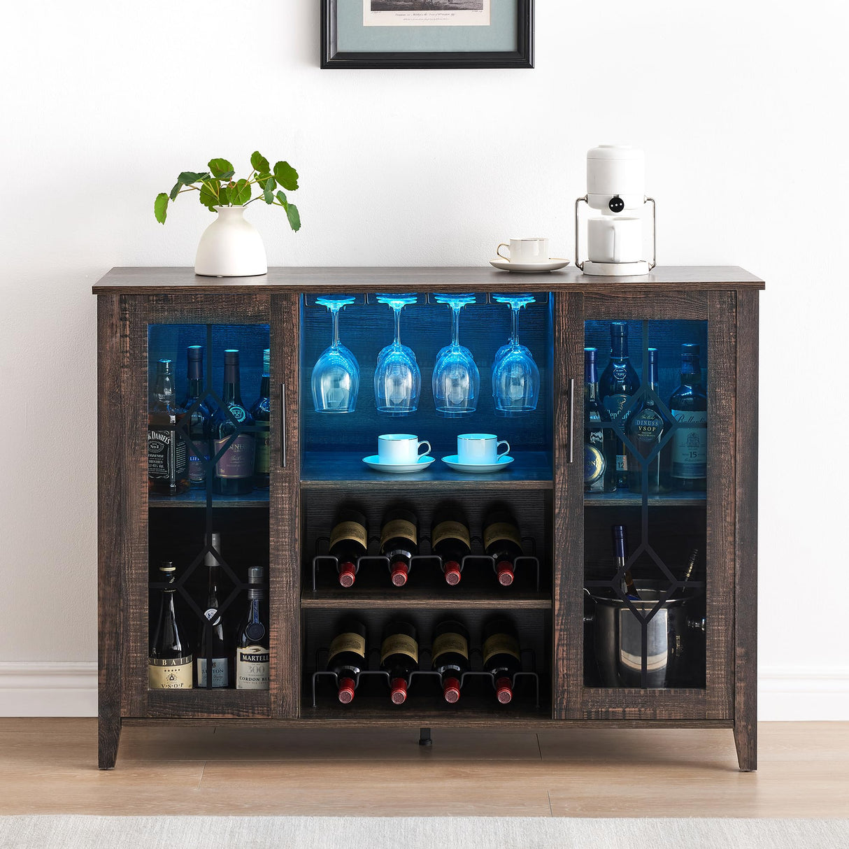 IDEALHOUSE Wine Bar Cabinet with Led Light,Home Coffee Cabinet with Wine and Glass Rack,Kitchen Buffet Sideboard with Storage,Liquor Cabinet for Bar,Dining Room,Kitchen(Dark Rustic Oak) IDEALHOUSE