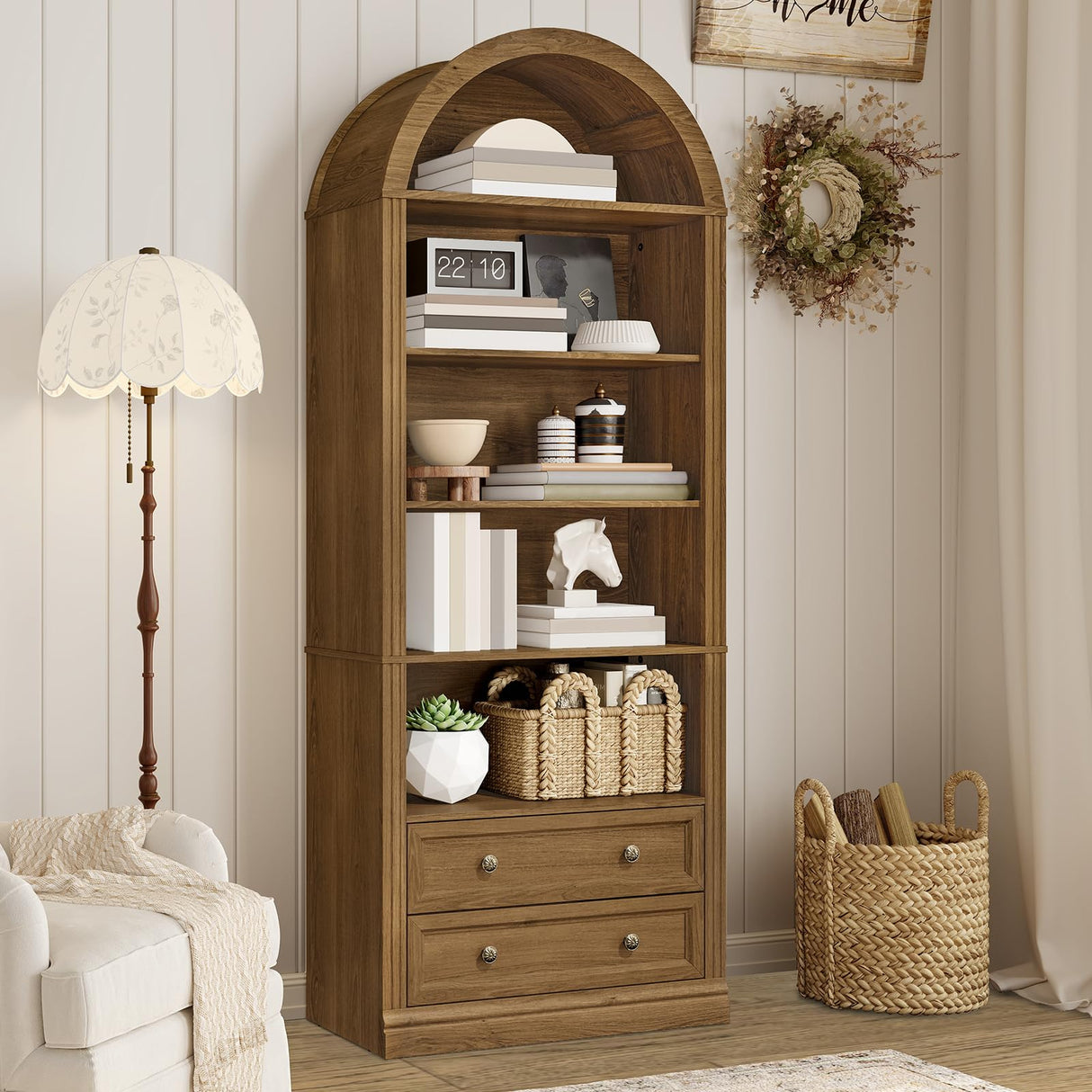 RALGEND Farmhouse Arched Bookshelf, 7 Tiers Arch Bookcase with 2 Spacious Drawers, Modern Book Shelf with Open Display Shelves and Storage Cabinet, for Office, Living Room, Kitchen, Walnut RALGEND