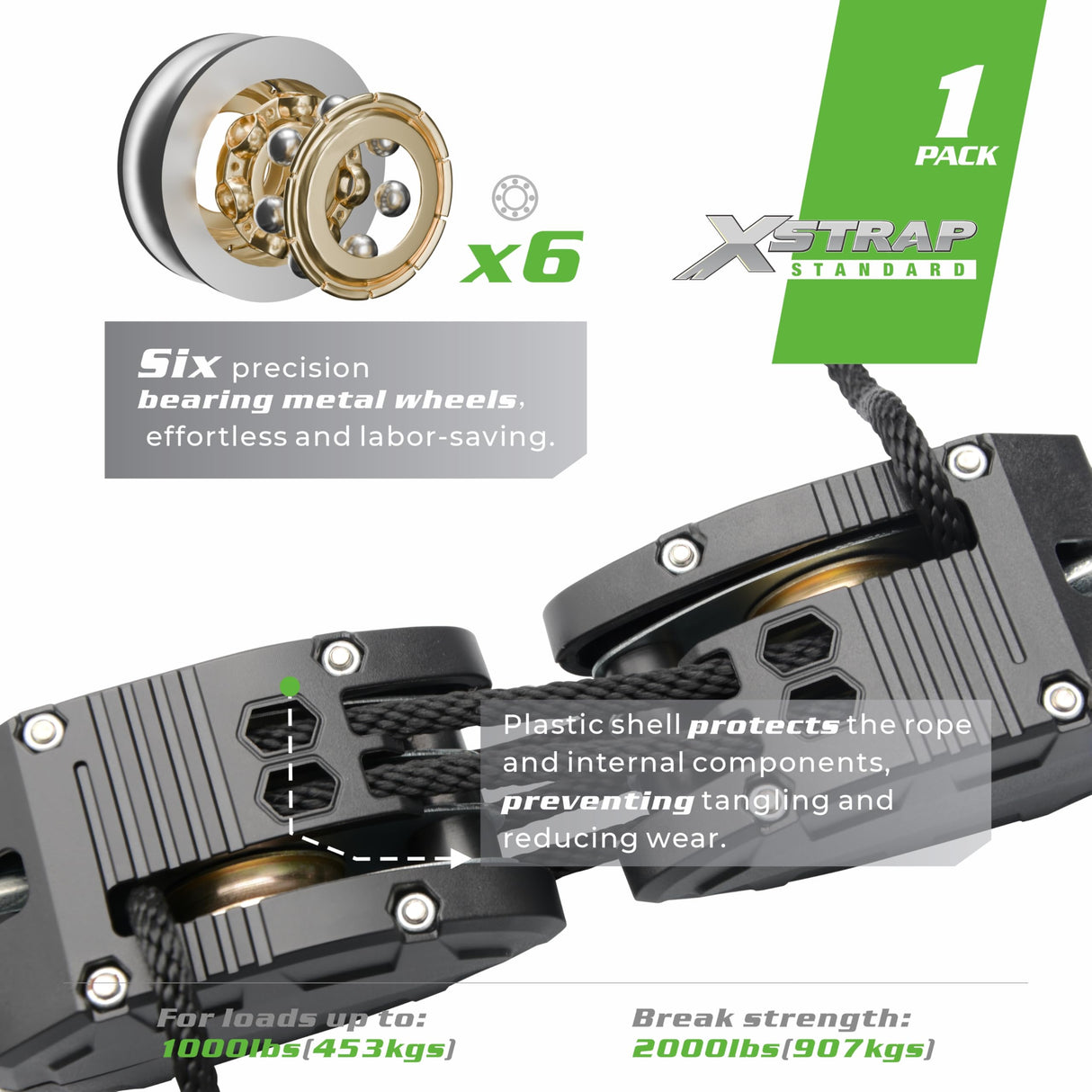 XSTRAP STANDARD Heavy-Duty Block and Tackle Pulley System, 1000LB wCapacity, 5:1 Lifting Power, 50FT Rope Hoist with 2 Soft Loops for Garage, Hunting, Tree Cutting, Deer Hoist, DIY Attic Lift, Black XSTRAP STANDARD