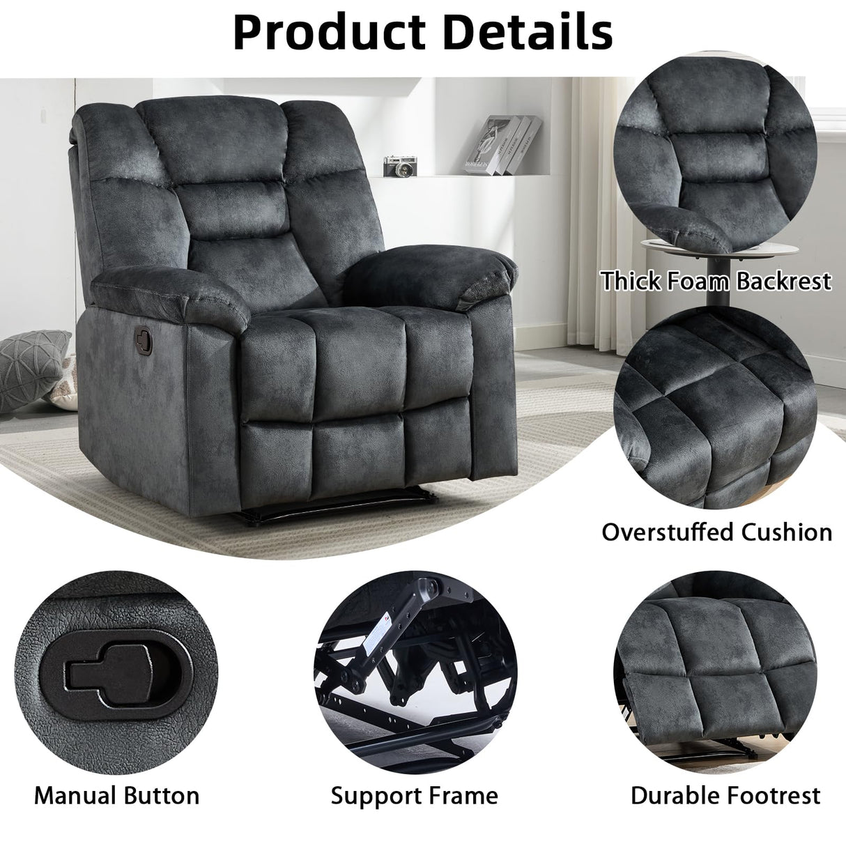 EBELLO Manual Recliner Chair for Adults with Soft Padded Headrest and Backrest, Overstuffed Single Recliner Sofa Chair for Living Room, Grey EBELLO