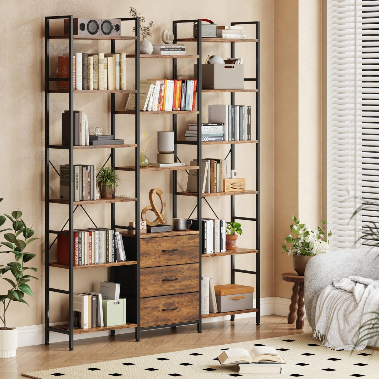 AFLUI Triple Bookshelf with 3 Fabric Drawers, 6-Tier Book Shelf and 10 Display Shelves, Industrial Large Bookcase for Home & Office, Rustic Brown, 47'' Wide AFLUI