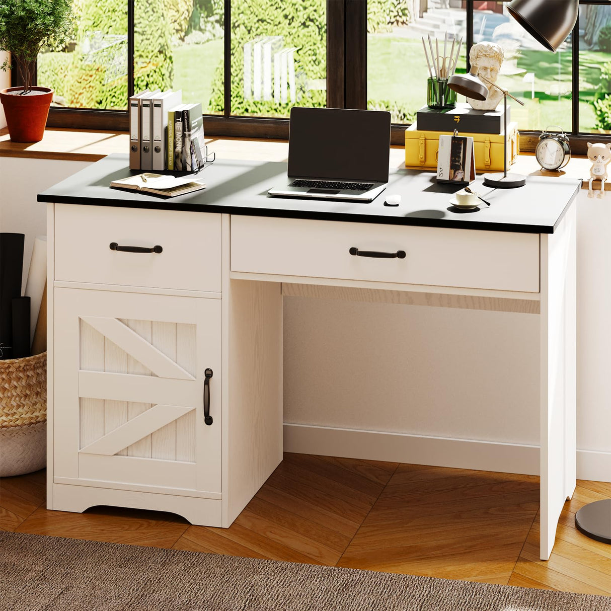 MaverickFurni White Desk with Drawers, Farmhouse Computer Desk with Drawers and Cabinet, 48 Inch Rustic Executive Office Desk for Home Office and Study MaverickFurni