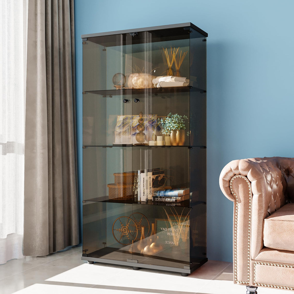 FANYUSHOW Glass Display Cabinet with 4 Shelf Double Door Curio Cabinet with Brown Glass 5mm Tempered Glass Display Case for Living Room, Bedroom, Kitechen, 64" H x 32" L x 14" W, Black FANYUSHOW