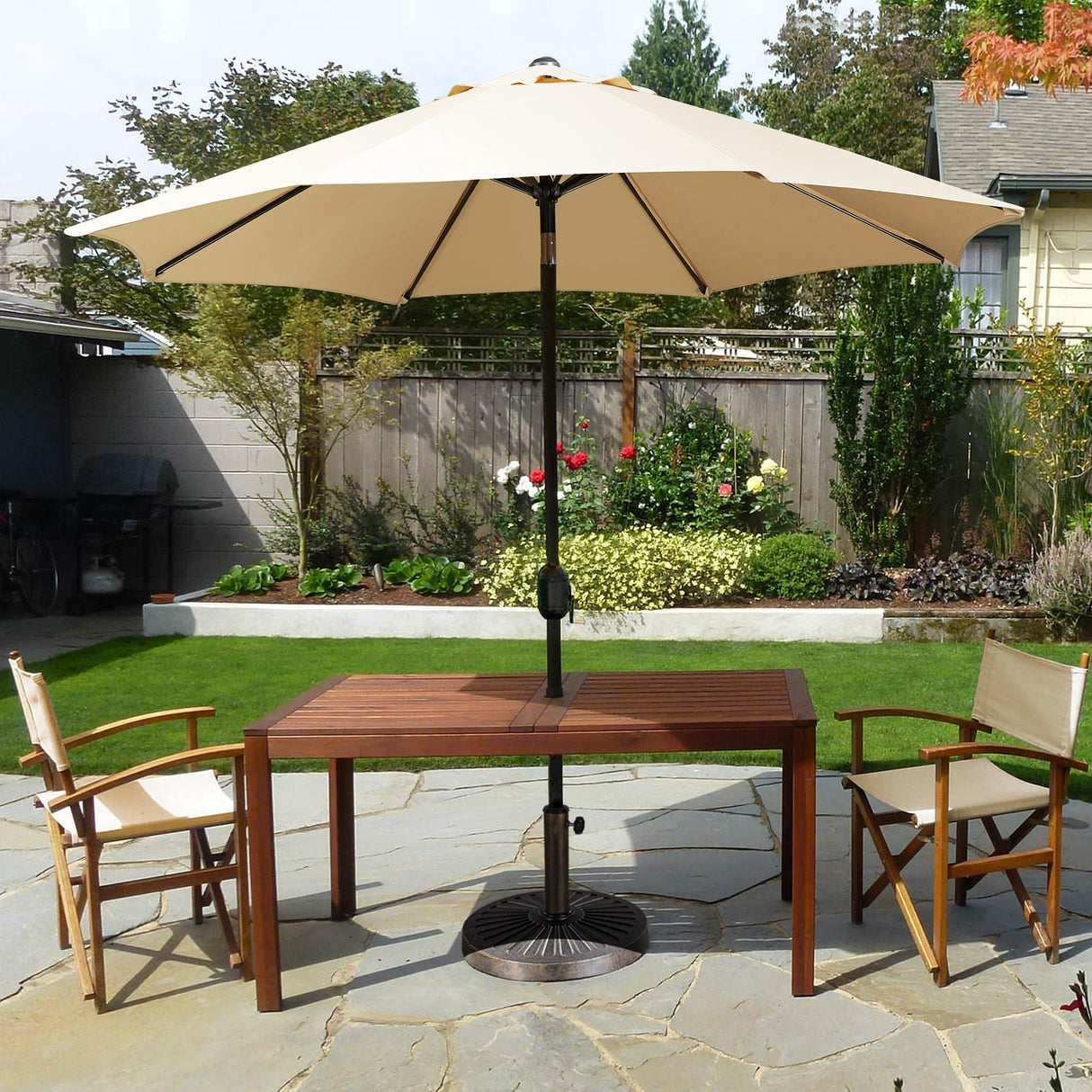 Yaheetech 9FT Garden Table Umbrella with 30lb Base, Patio Market Umbrella with Push Button Tilt, Crank and 8 Sturdy Ribs, Outdoor Umbrella w/Base Included Heavy Duty - Tan Yaheetech