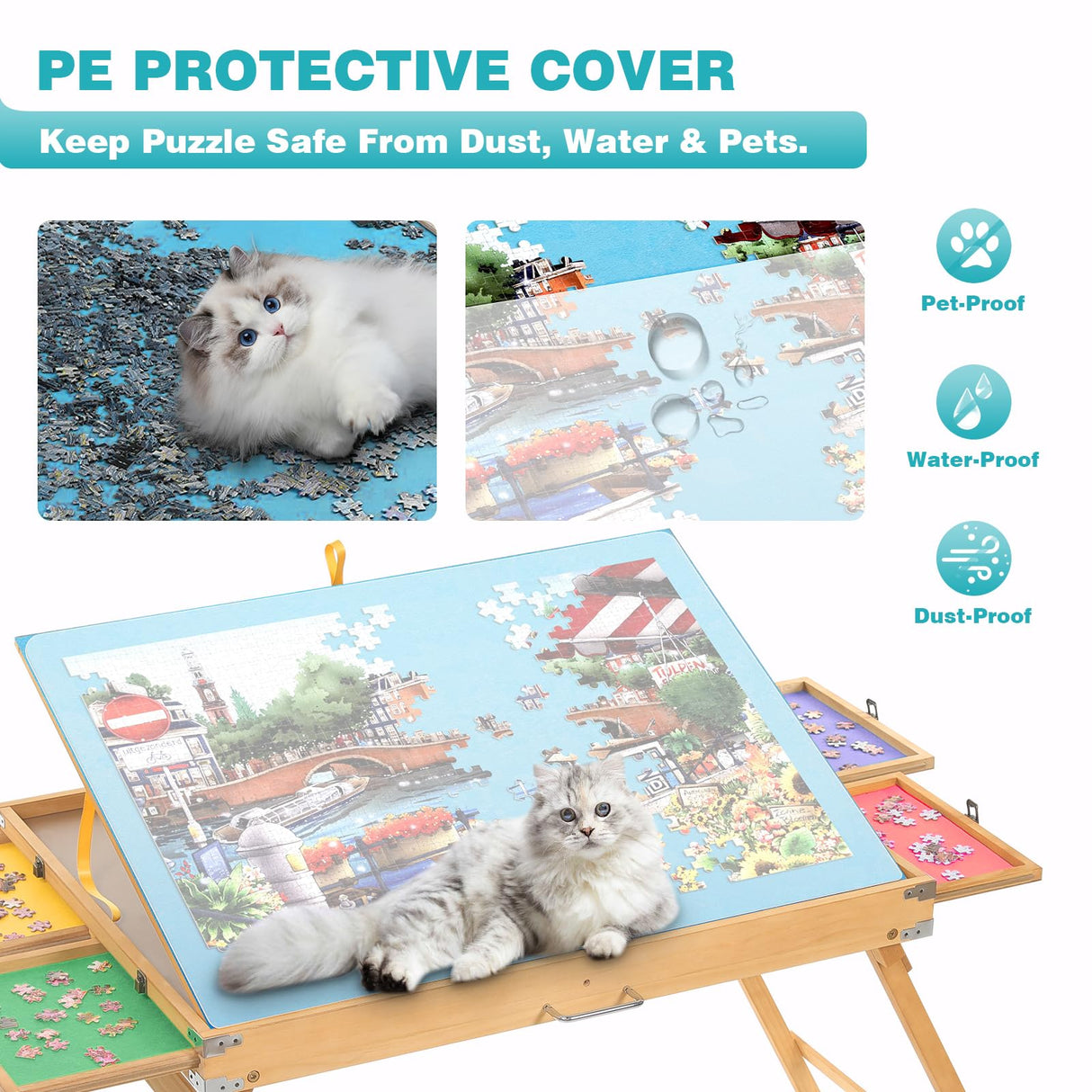 BittPicc 1500 Piece Puzzle Table with Drawers 25"x34" Wooden Jigsaw Puzzle Table with Legs and Protective Cover Adjustable Portable Puzzle Tables for Adult Folding Puzzle Board Table BittPicc