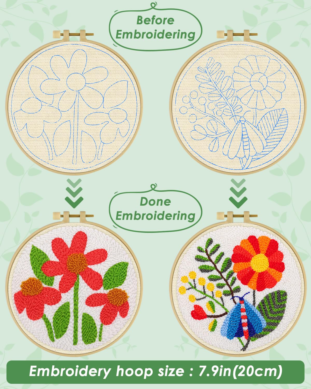 ERKOON Punch Needle Kit Adults Beginners, 2 Pcs DIY Easy Flower Embroidery Set for Starter Art Craft, Needling Punching Project with Patterns, Tools, Yarns, Hoop, Instruction (Safflower) ERKOON