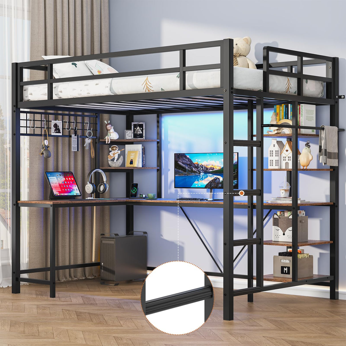 MSmask Loft Bed Twin Size with L Shaped Desk, LED Lights, Charging Station, Heavy Duty Metal Loft Bed Frame with 6 Storage Shelves, Safety Guard & Ladder, No Box Spring Needed, No Noise, Black MSmask