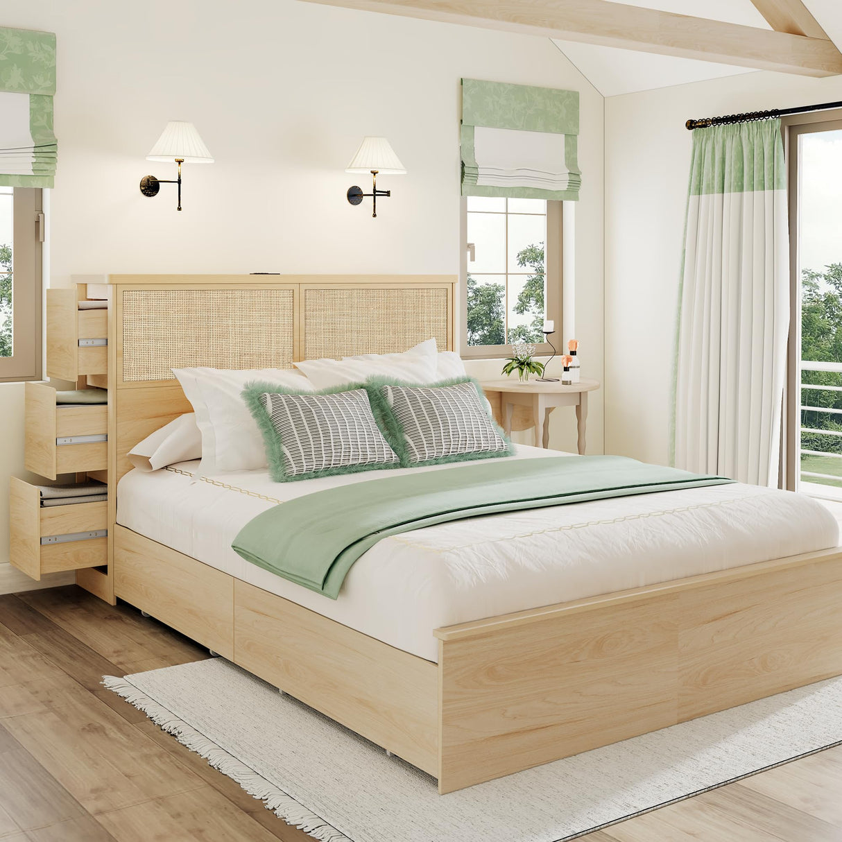 Yechen Natural Rattan Queen Bed with 10 Storage Drawers and Wide Storage Headboard, 48" Tall Boho Wooden Bed Frame Steel Stand and Charging Station, Sturdy Bamboo Bed, No Box Spring Needed/Noise Free Yechen