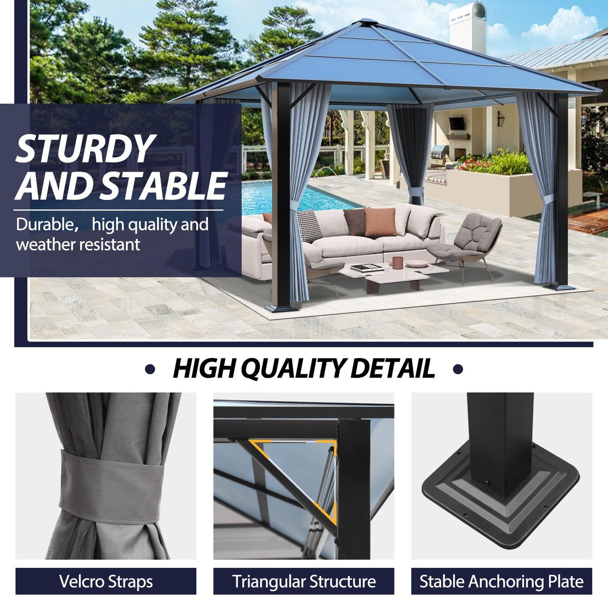 Raysfung 10'x10' Hardtop Gazebo, Outdoor Polycarbonate Roof Gazebo Metal Frame Permanent Pavilion with Netting & Curtains for Garden, Patio, Lawns(Grey) Raysfung