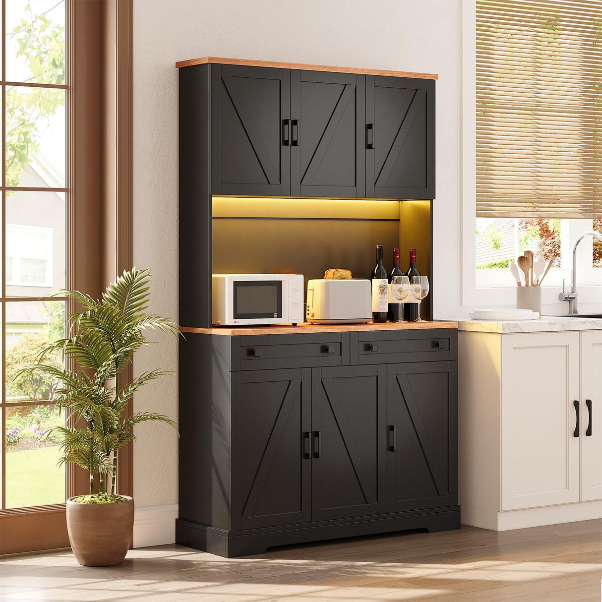 ELYKEN 71" Pantry Cabinet with Charging Station & LED Lights, Tall Kitchen Pantry with Hutch, Microwave Stand, Farmhouse Pantry with Door Shelf & Drawer & Adjustable Shelf for Dining Room, Black ELYKEN