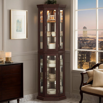 CKEASEAN Corner Curio Cabinet with Light Bulb, Tempered Glass Doors, Floor Standing Glass Display Cage with 6 Tempered Glass Shelves, Wine Cabinet Storage Rack for Bar and Liquor Storage (Dark Cherry)