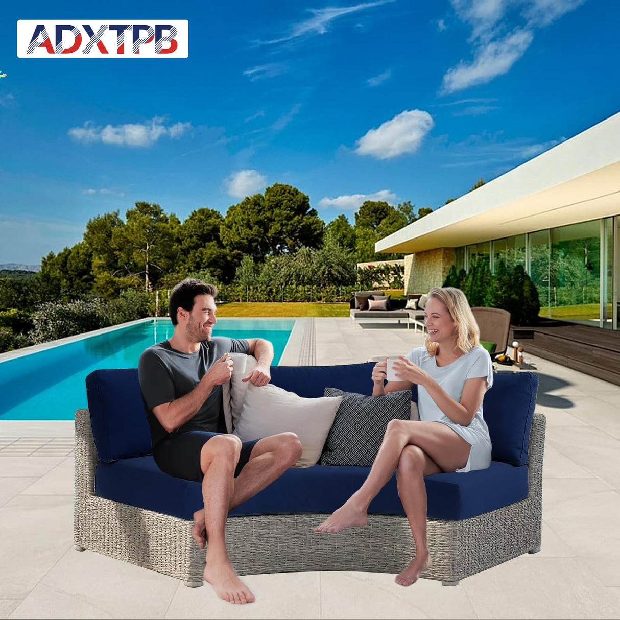 ADXTPB Outdoor Curved Cushion Covers Olefin,Waterproof Half Moon Patio Furniture Sofa Cushions Cover with Non-Slip Bottom,Cover ONLY (Navy Blue, 77 * 40 * 28 * 5.3in) ADXTPB