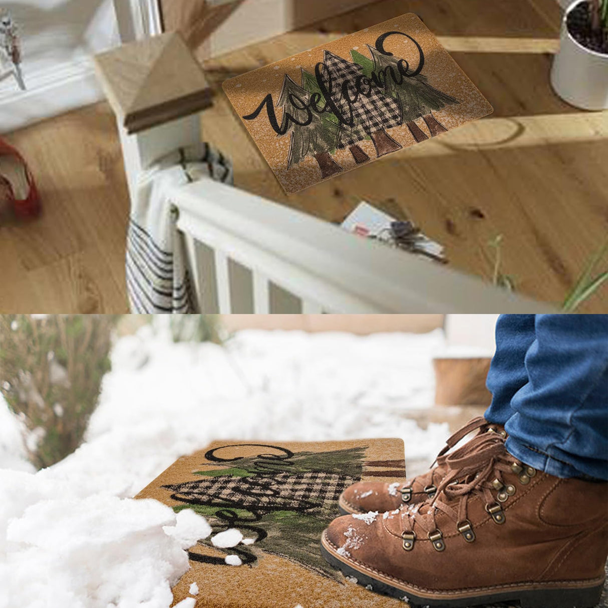 UTOWO Winter Xmas Welcome-Doormat Non-Slip Front-Door-Mats - Plaid Pine-Tree Snow Entrance Mat Porch Home Christmas Decor 17x29in UTOWO