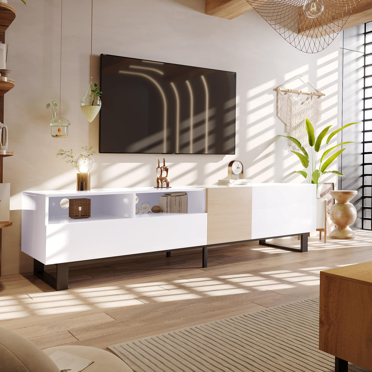 Virubi Modern TV Stand with 3 Cabinets & Open Shelves, Minimalist Wooden Entertainment Center for TVs Up to 80”, Sturdy TV Console for Living Room Bedroom Decor (White) Virubi