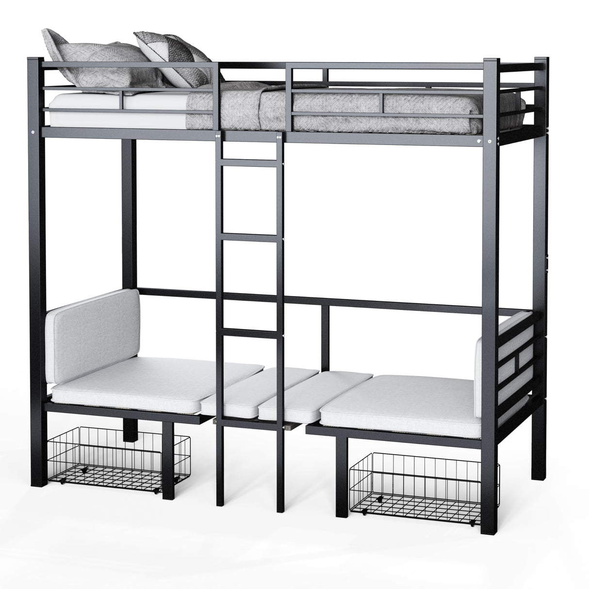 PVWIIK Twin Size Loft Bed with Desk for Dormitory,Living Room,Bedroom,Metal Bed Frame w/Wood Slats Support/Table Sets Transformable to Twin Over Twin Bunk Bed,Black(Cushion Not Included) PVWIIK