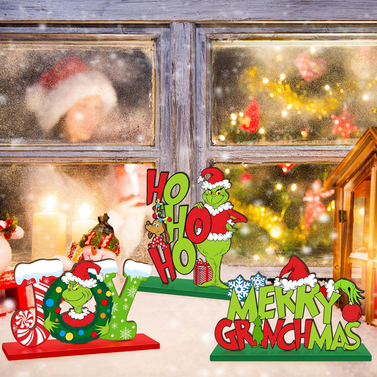 3 Pieces Christmas Table Signs Decorations, Merry Christmas Wooden Centerpiece Ornaments, Joy Wood Desktop Signs Decor for Kitchen Home Winter Whoville Xmas Holidays Theme Party Supplies CIOEY