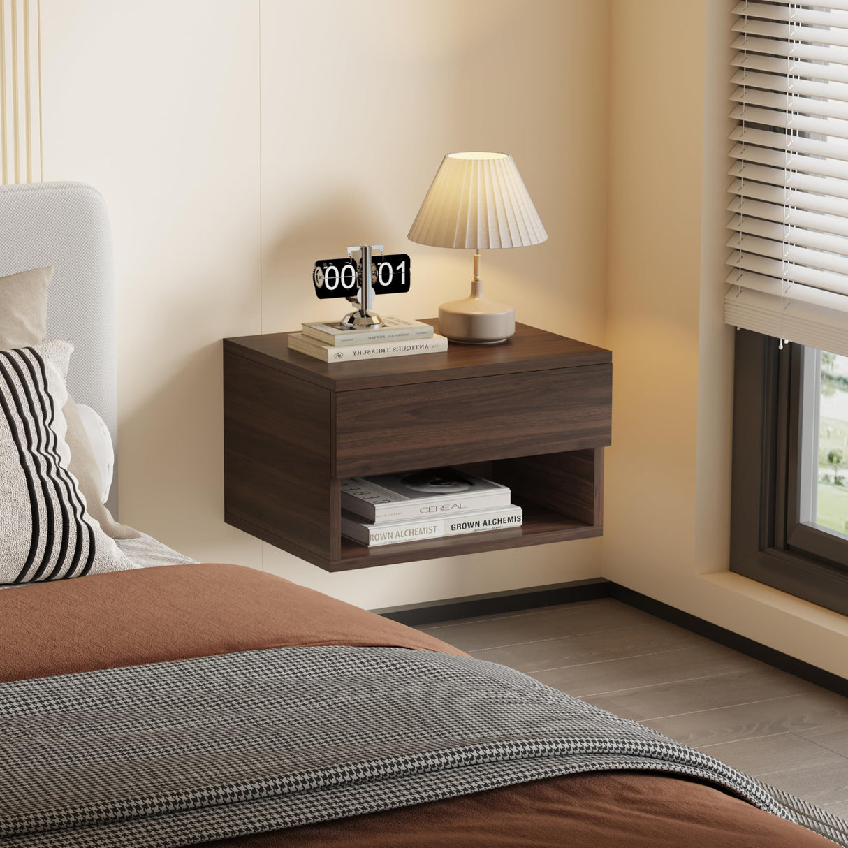 Wall Mounted Floating Night Stand - Wall Mounted Floating Nightstand with Drawer for Dorm & Bedroom, Cute Natural Wood Bedside Shelf & Desk, Storage Table with Soft Close Rails, Shelve for Decor Speed Wagon Foundation