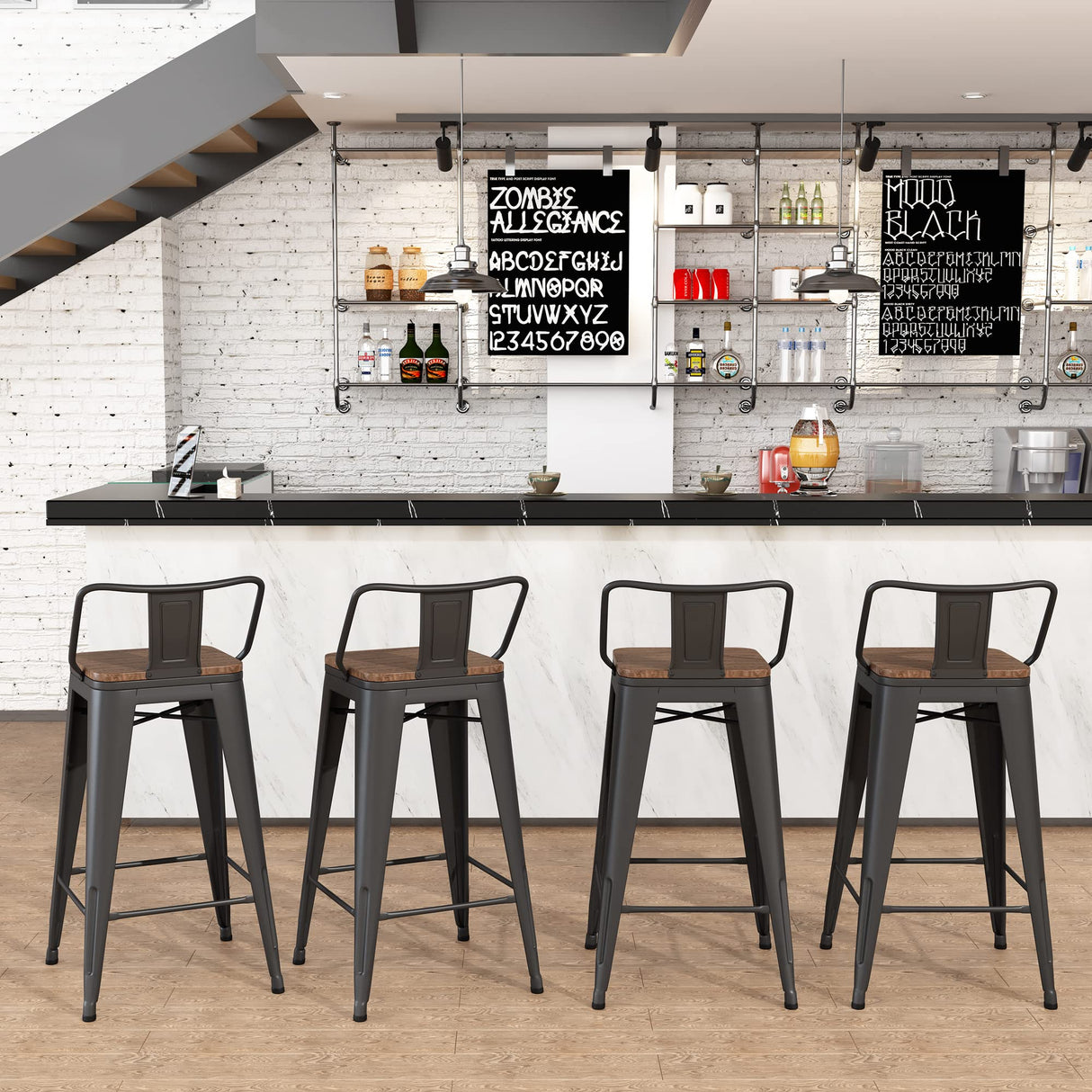 Yongchuang 24" Metal Barstools Set of 4 Counter Bar Stools with Wood Top Low Back Matte Black Yongchuang