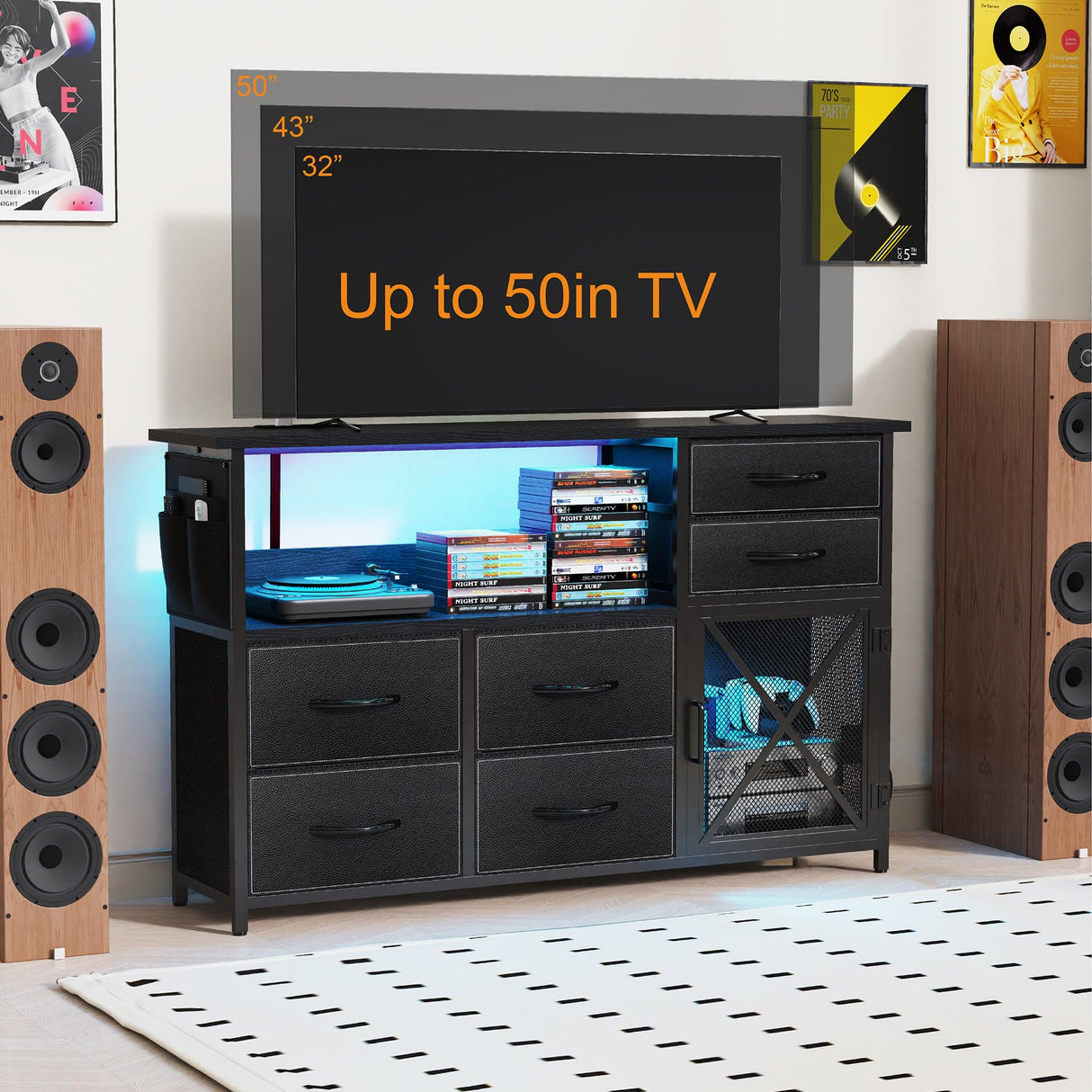 SZLHANJZ Dresser for Bedroom with LED Lights, TV Stand with Charging Station for 50 inch TV, 6 Drawers Chest with Door and Side Storage, Long Metal Dresser Table for Living Room, Black SZLHANJZ