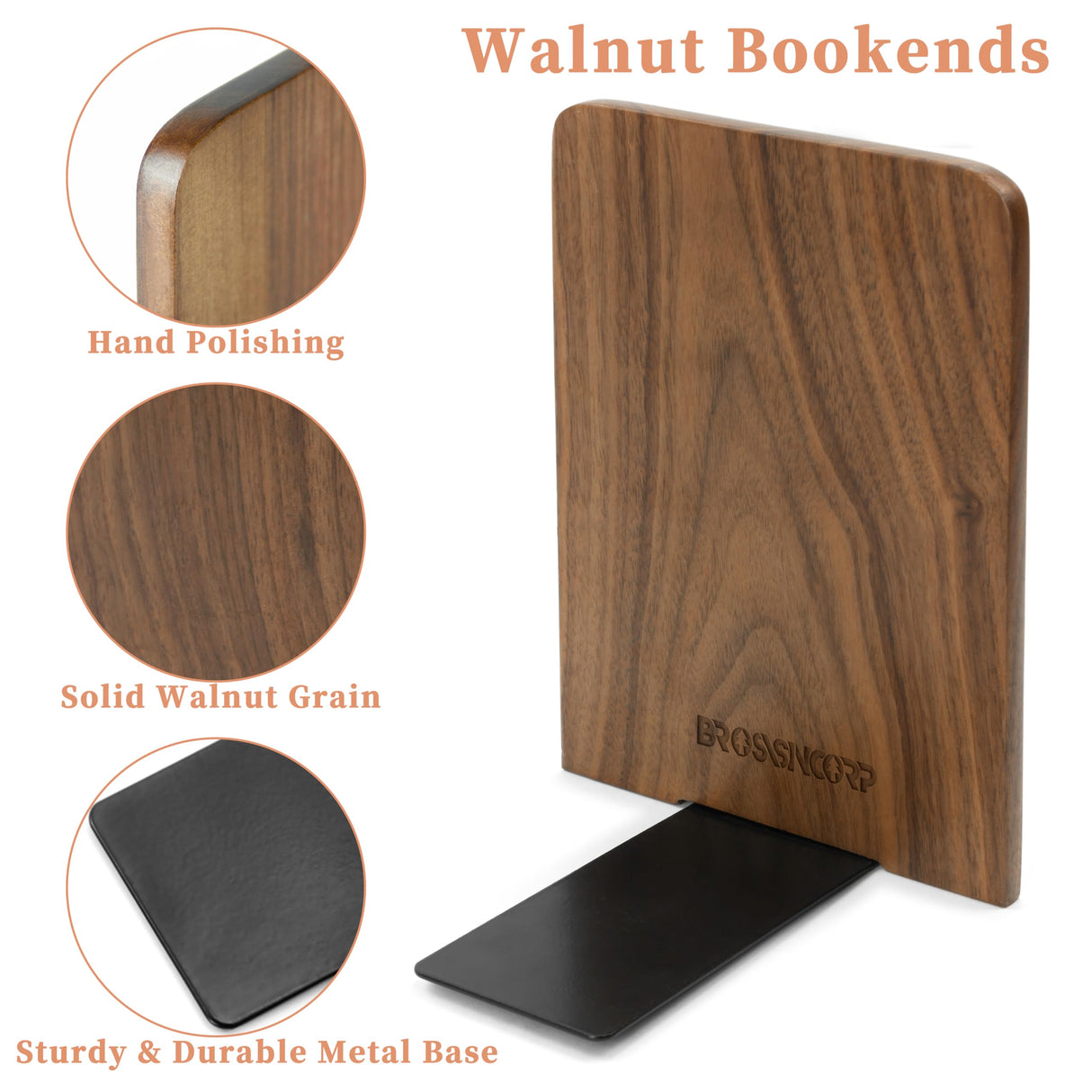 Brosisincorp Walnut Wood Book Ends, Heavy Duty Bookends for Shelves Sturdy Non-Skid Book Stand for CDs - 6.69 x 4.72 x 3.94 in(1 Pairs, Large) Brosisincorp