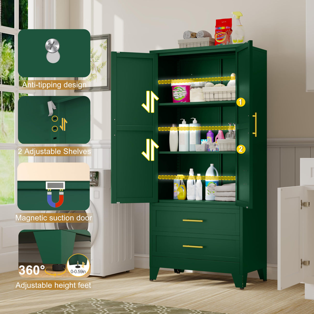 GAIOUS Steel Pantry Cabinet, 71" Metal Storage Cabinets with 2 Doors, 2 Adjustable Shelf and 2 Drawers, Freestanding Storage Cabinet for Bedroom, Kitchen, Living Room, Home Office (Green) GAIOUS