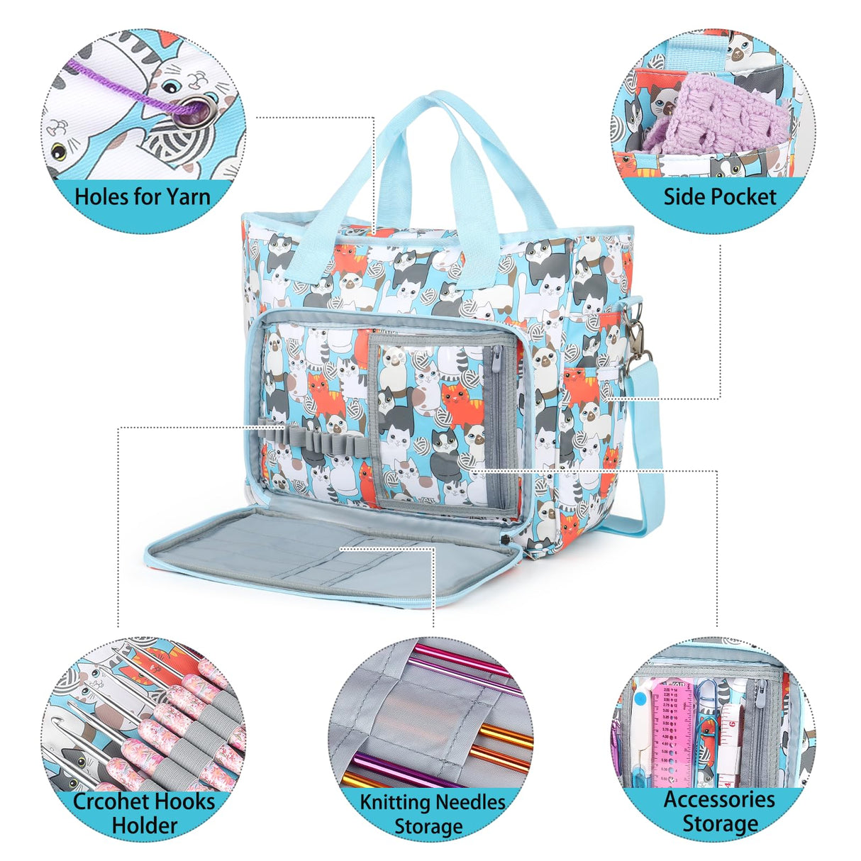 Aeelike Yarn Storage Organizer Travel Crochet Bag, Large Capacity Tote Bag Knitting Bag for Carrying Projects, Knitting Needles, Crochet Hooks and Yarn, Cute Blue Cat Aeelike