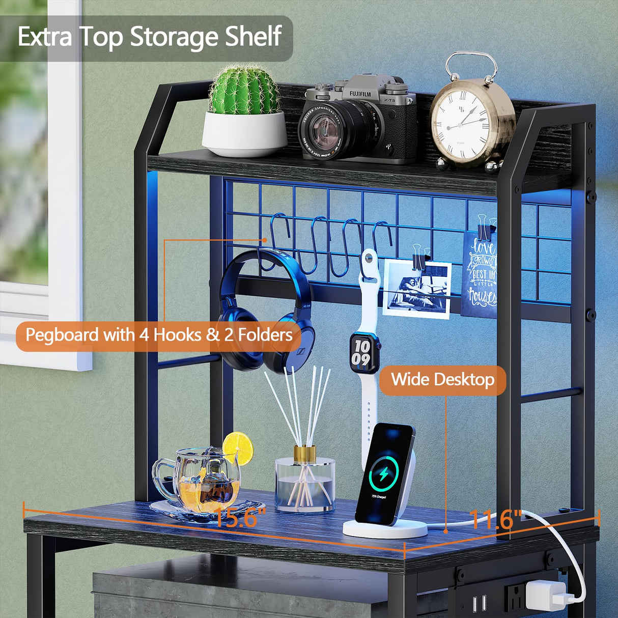 Furologee 44'' Tall Nightstand with Charging Station, Bedside Table with LED Lights, End Table with 3 Drawers and Storage Shelves, Night Stand with Pegboard for Bedroom, Black Oak Furologee