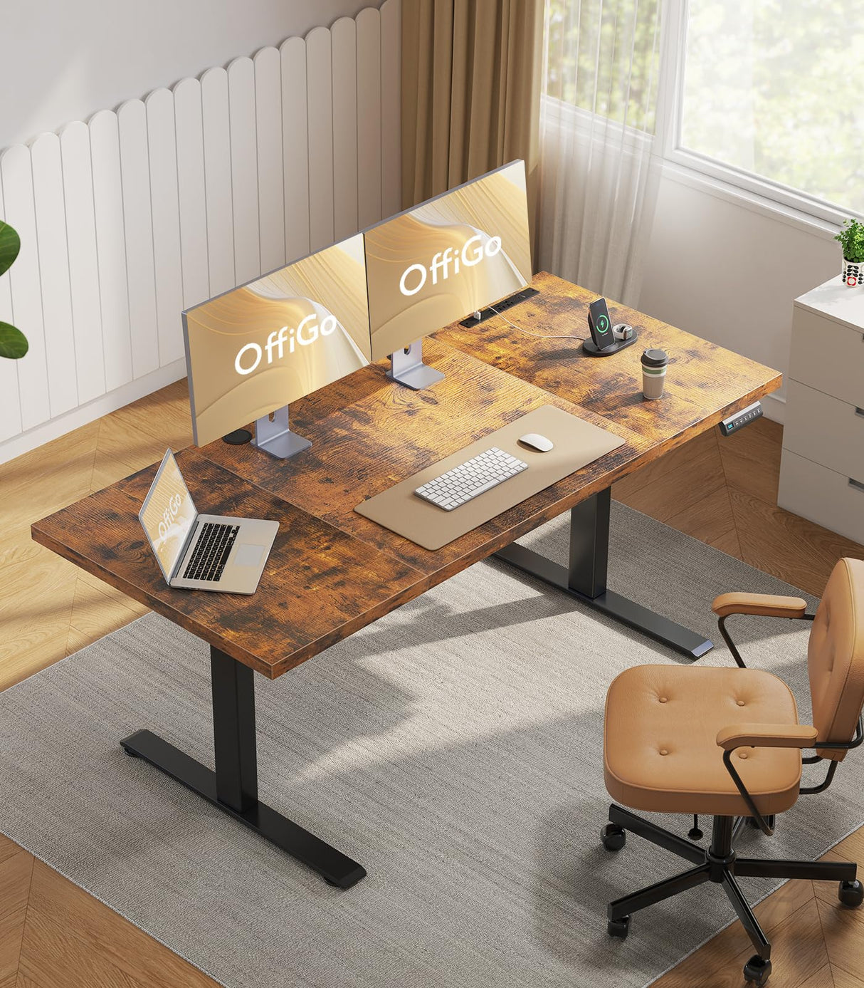 OffiGo Electric Standing Desk with 3-Piece Board, 71 Inch Height Adjustable Large Desk with Power Outlets, Sit Stand Table, Writing Computer Desk for Home, Office, Workstation, Rustic Brown OffiGo