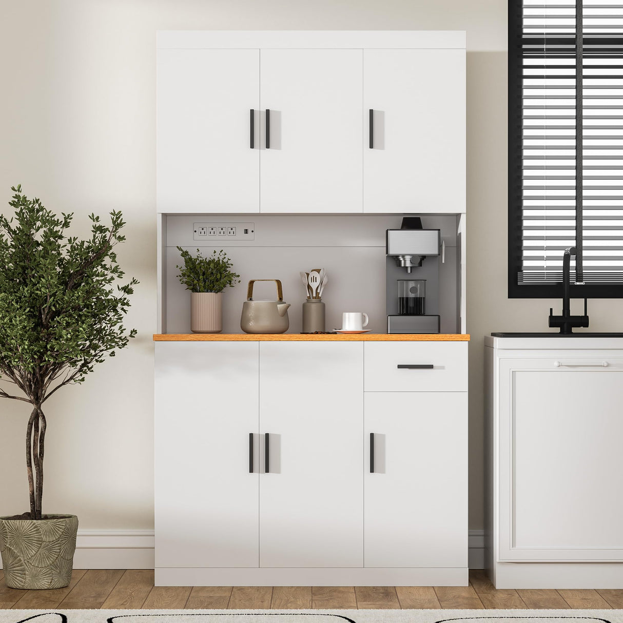 DIYART White Kitchen Pantry Cabinet, 71" Tall Kitchen Storage Cabinet with Power Outlet, Freestanding Kitchen Hutch with countertop DIYART