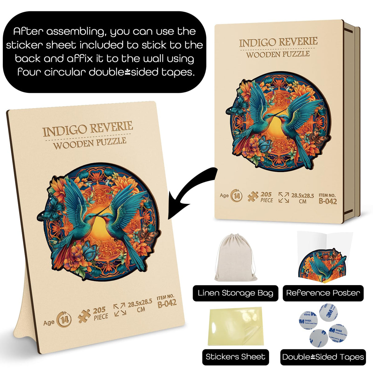 Mandala Hummingbird Wooden Puzzles, Bird Hard Jigsaw Puzzles for Adults, Gradient Flower Wood Puzzle BBOLDIN