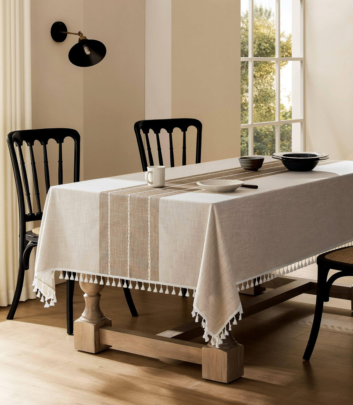 ZeeMart Contrast Linen Table Cloth Rectangle Table Cloths 60x84 Inch Brown, Farmhouse Style Heavy Weight Beige Tablecloth, Water Resistant Burlap Tablecloths ZeeMart