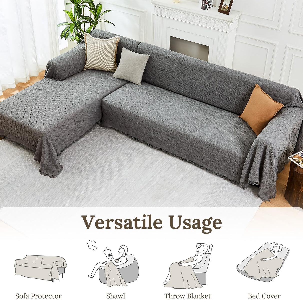 HOMERILLA Sectional Couch Covers 2 Pieces L Shaped Sofa Cover for Sectional Couch L Shape Washable Blanket Furniture Protector for Pets Dogs (Dark Grey, X-Large) HOMERILLA