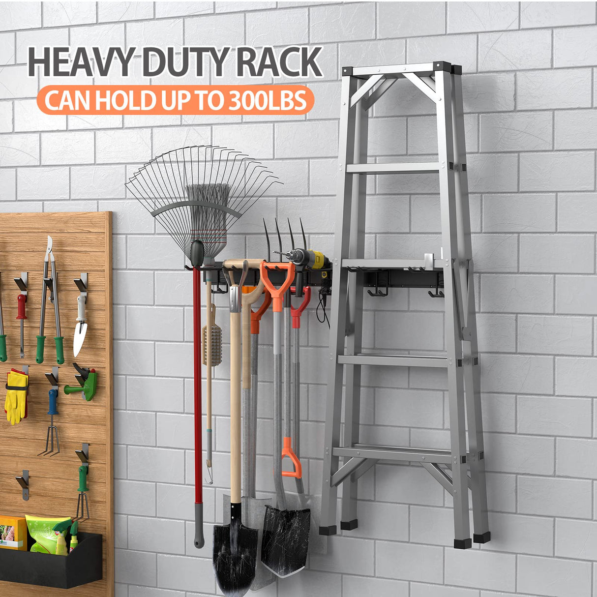 Garage Tool Storage Rack, 48 Inch Garage Organizer Wall Mounted Storage System with 6 Double Layer Hooks, Super Heavy Duty Garden Tool Hanger for Ski Gears, Chair, Rake Shovel Yard Tools Gatsowm