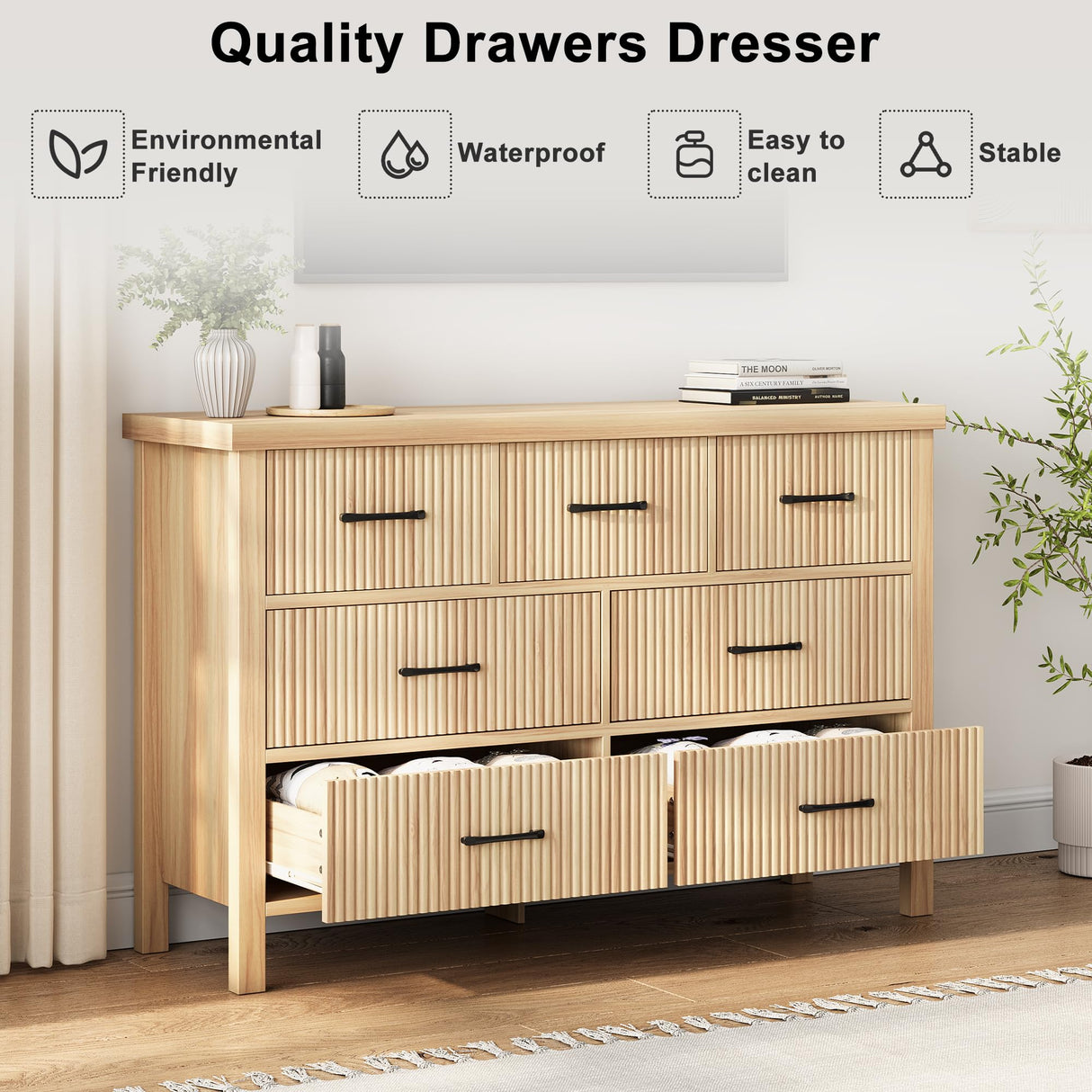 Jocoevol Fluted 7 Drawers Dresser for Bedroom, Boho Chest of Drawers with Metal Handle, Wood Dresser TV Stand, Wooden Closet Clothes Storage Organizer for Living Room, Hallway (Natural Oak) Jocoevol