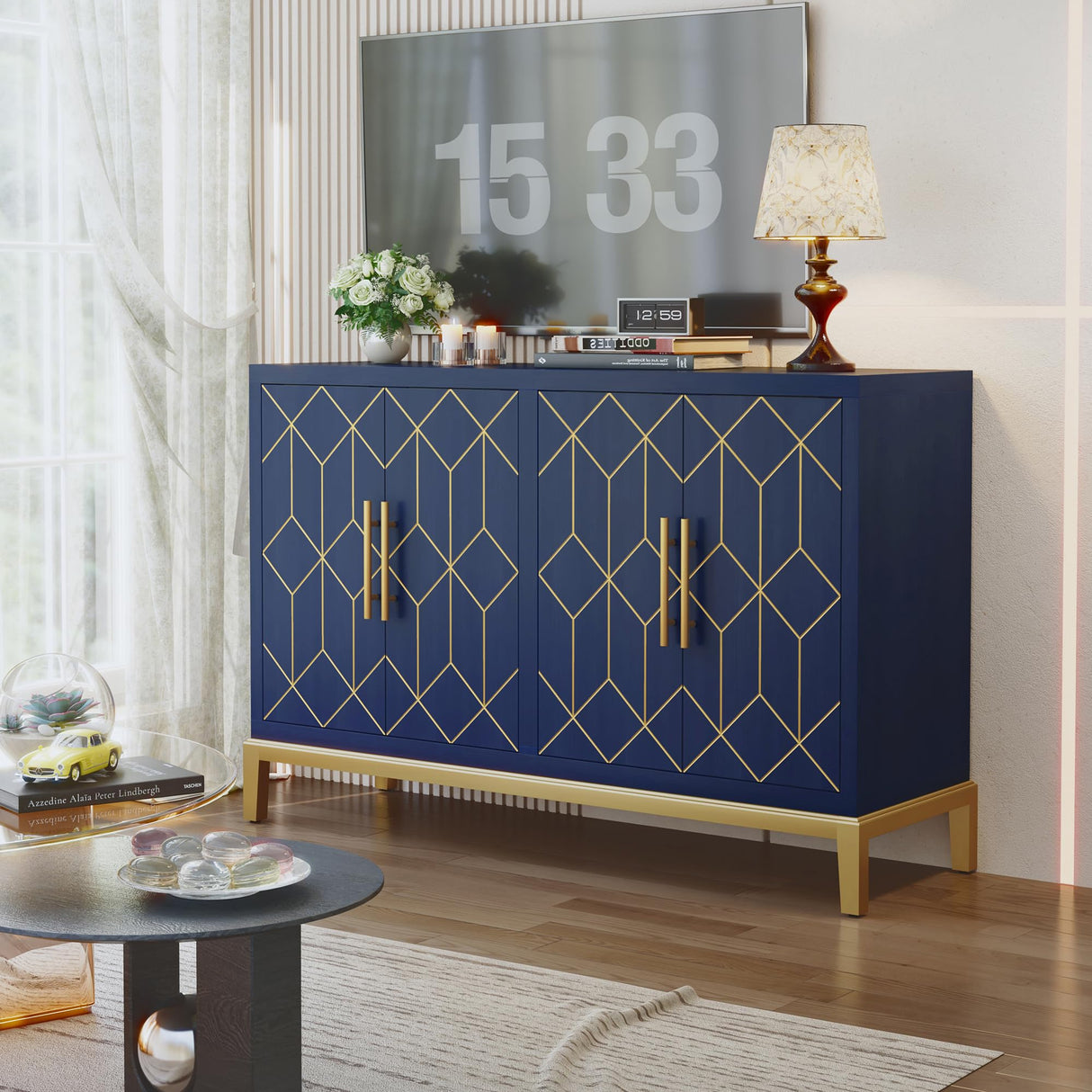 HLR 48" Accent Cabinet with 4 Doors and Shelves, Modern Credenza Storage Cabinet with Gold Trim, Sideboard Buffet for Living Room, Kitchen, Dining Room, Hallway, Blue HLR