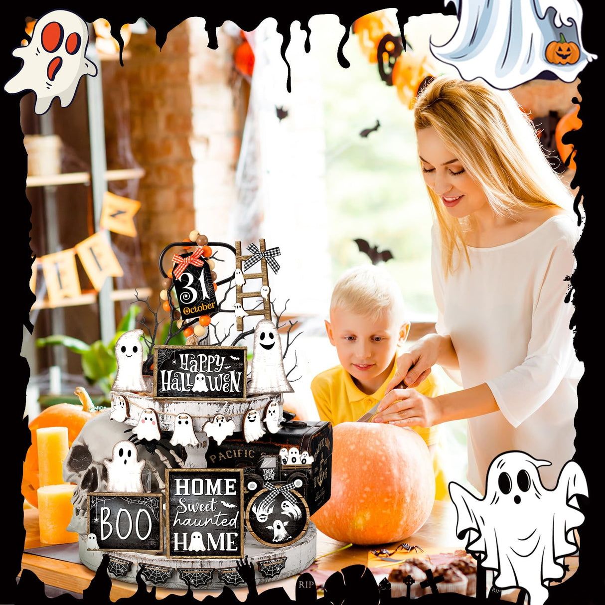 MiniInflat 21 Pcs Halloween Tiered Tray Decor Set Happy Halloween Wooden Signs Rustic Table Centerpieces Farmhouse Tiered Tray Decor for Halloween Home Table Kitchen, Tray Not Included(Ghost) MiniInflat
