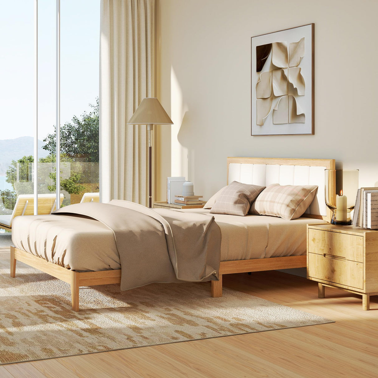 HOMCOM Queen Size Bed Frame with Upholstered Headboard, Platform Bed Frame with Wooden Slats, No Box Spring Needed, Easy Assembly, Oak HOMCOM