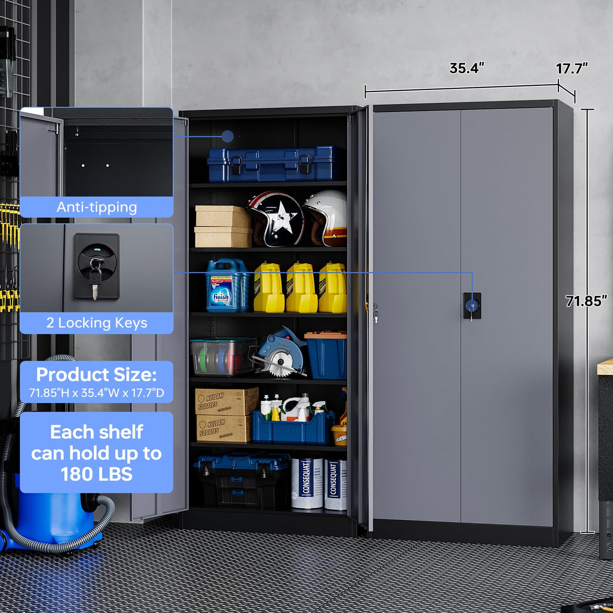 Yizosh Metal Garage Storage Cabinet with Lock, 72" Locking Tool Cabinet with 2 Doors and 5 Shelves, Tall Steel Cabinet for Garage, Heavy Duty File Cabinet for Office, School (Gray Black) Yizosh