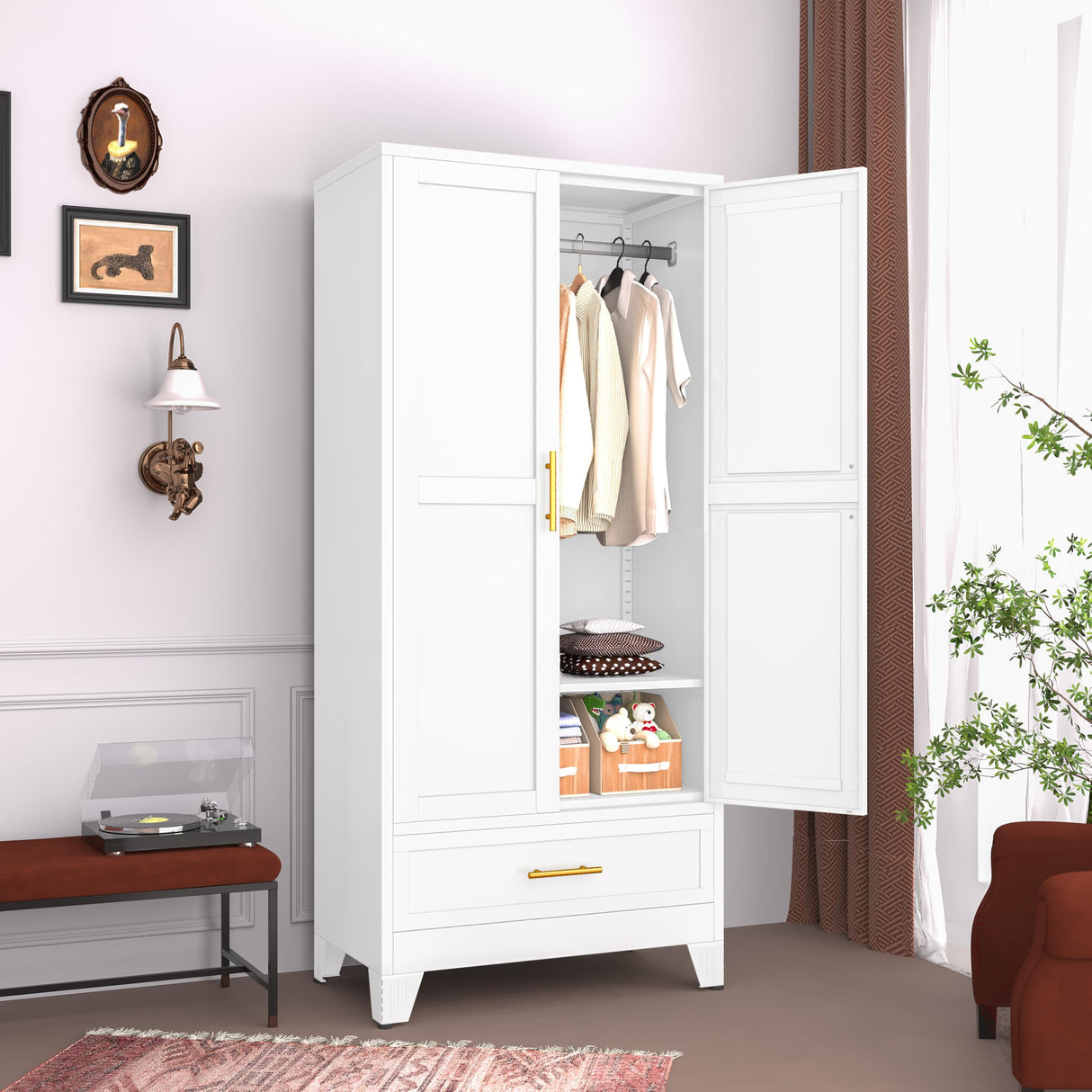 GAIOUS Steel Armoire Wardrobe Closet with 2 Doors, 71" Household Wardrobe Cabinet with Hanging Rod and Drawers, Metal Clothing Storage Cabinet with Adjustable Shelf for Bedroom, Cloak Room, Gym(White) GAIOUS