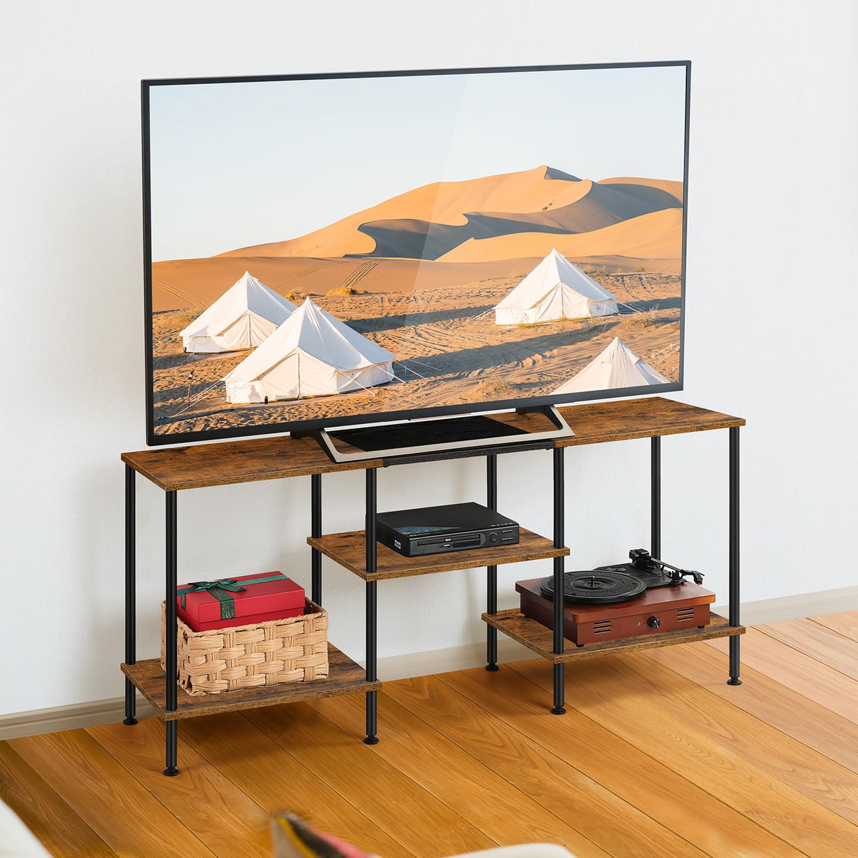 Industrial TV Stand with Storage for 50 inch TV Rustic TV Cabinet with Open Storage Shelf 3 Tier Entertainment Center Wood Console Table with Metal Round Tubes for Living Room Bedroom, Brown BTY