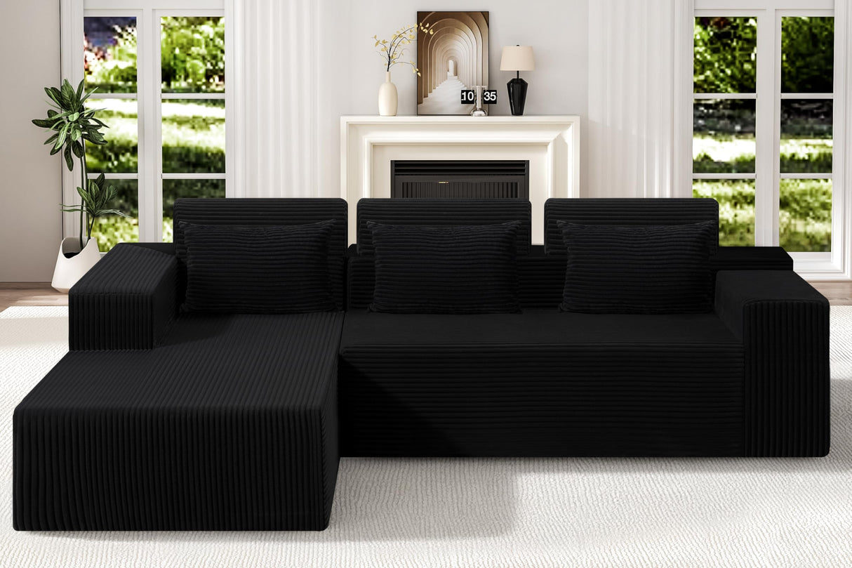 Modular Sectional Couches for Living Room,105" Cloud Couch with L-Shape Chaise,Comfy Sofa Living Room Sofas with Deep Seat,No Assembly L Couch,Corduroy Fabric(Black,L) Homguava