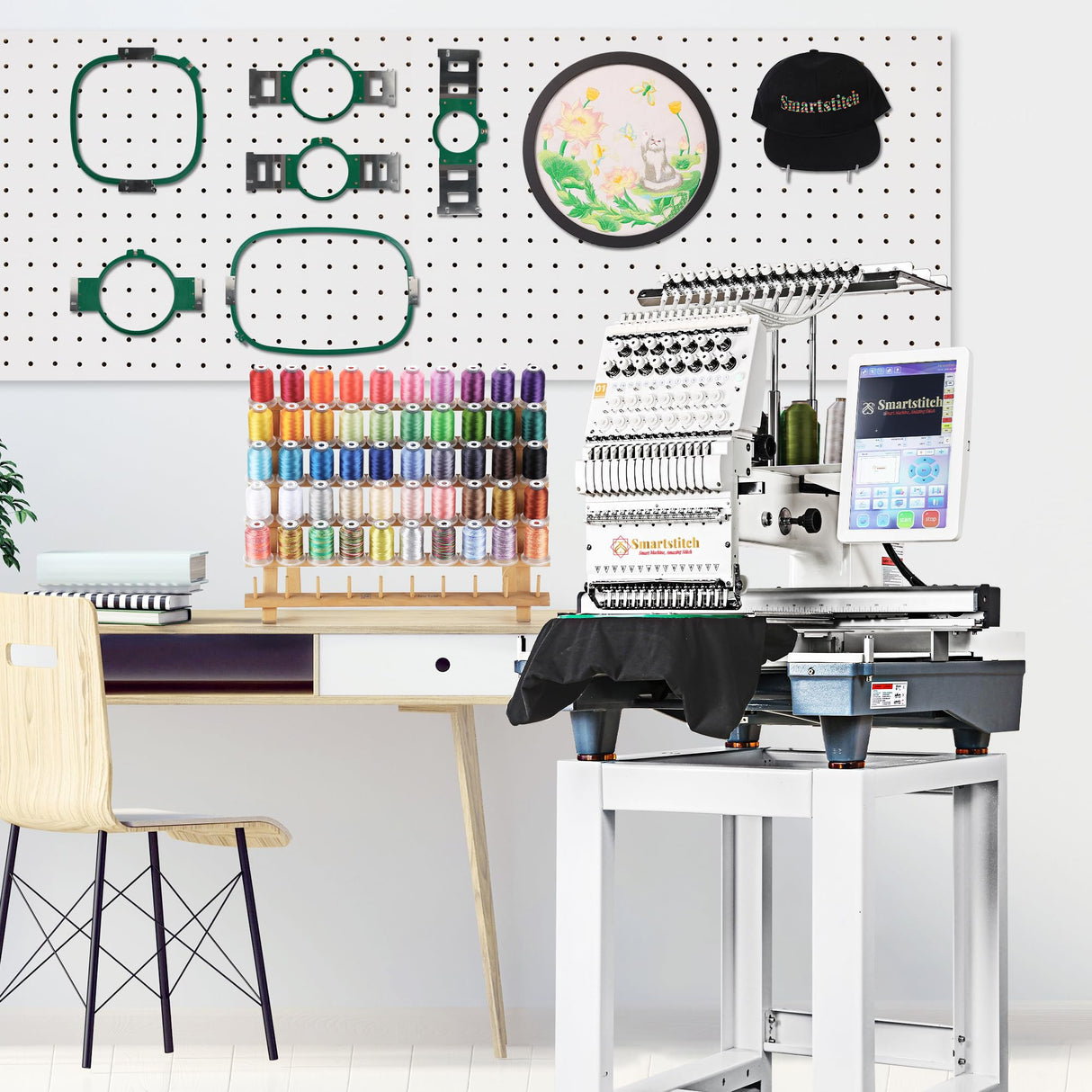 Smartstitch S-1501 Commercial Embroidery Machine with 15 Needles,14"x20" Embroidery Area,1200SPM Max Speed,12" Touch Screen, Wifi available, capable of embroidering on 3D Caps, Flat, T-shirt and more smartstitch