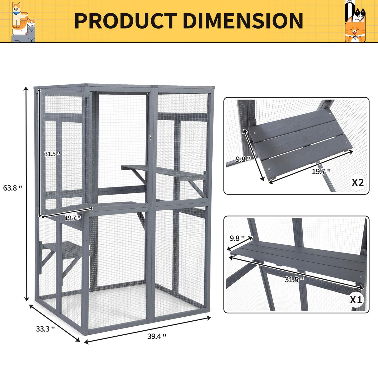 COZIWOW Catio Outdoor Cat Enclosure Window Access, Wooden Cat House Shelter, Kitty Cage with 3 Platforms for Patio Indoor (Grey) COZIWOW