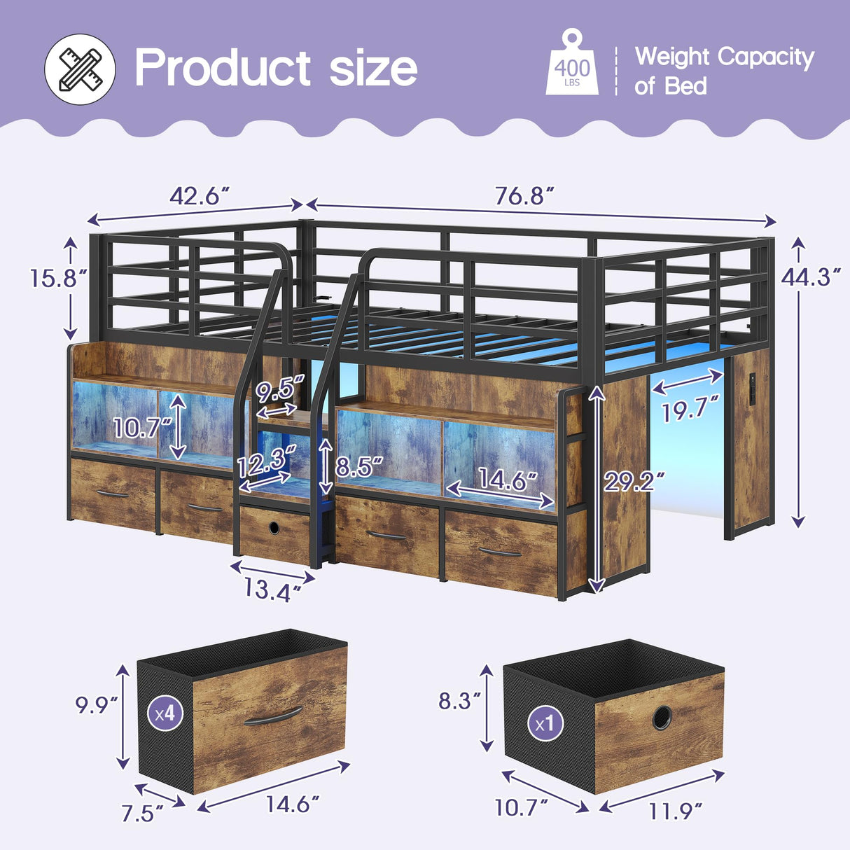 busyaeh Twin Loft Bed for Kids with 5 Drawers & 6 Bookcase and LED Light,Low Loft Bed with 15.8" H Safety Guardrail and Charging Station,Metal Kids Loft Beds with Under-Bed Play Space,Vintage Brown busyaeh