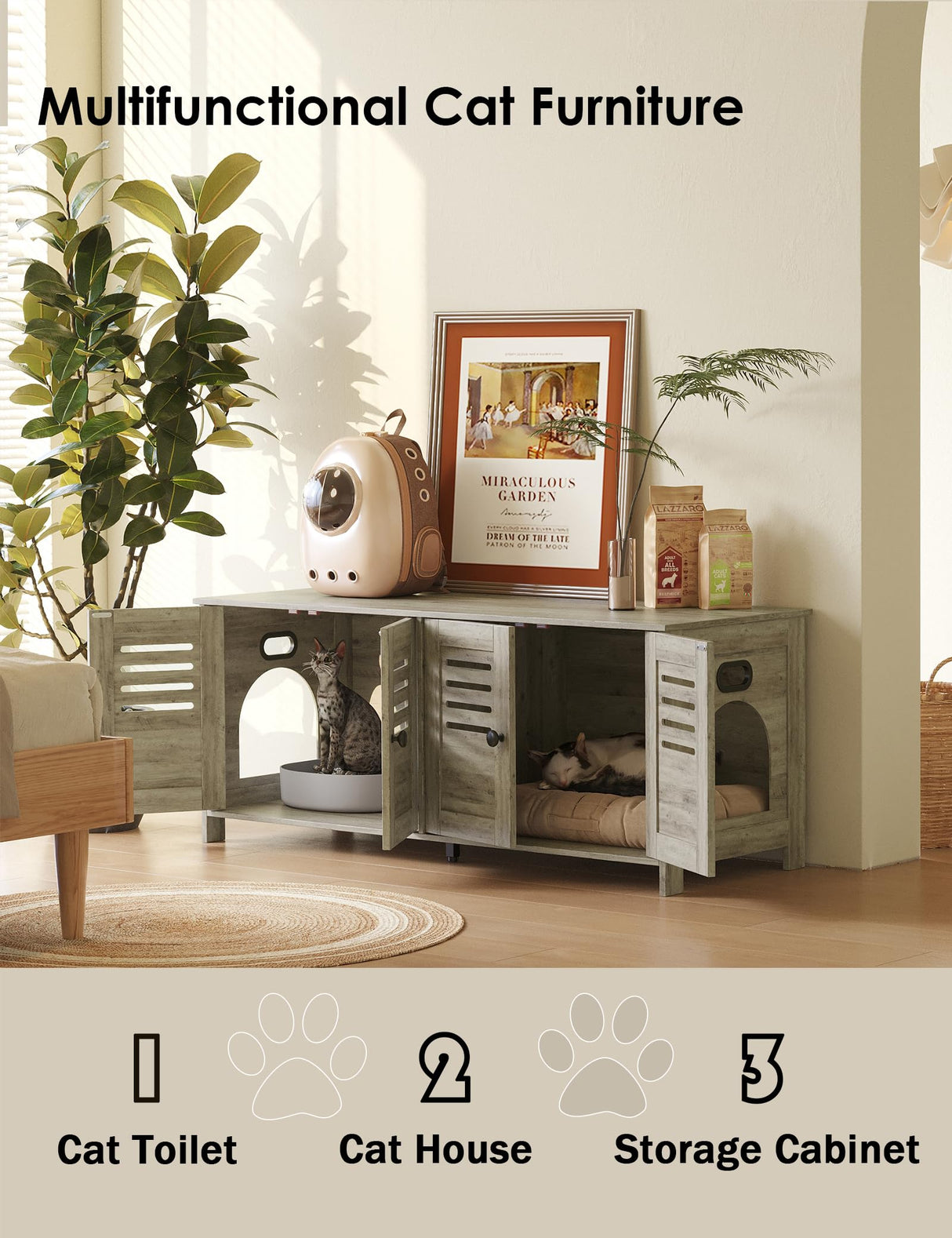 DINZI LVJ Litter Box Enclosure for 2 Cats, Hidden Litter Box Furniture with Double Rooms, Dual Cat Litter House, Front Doors, 47.2" Wooden Hidden Cat Washroom, Side End Table, TV Stand, Gray Wash DINZI LVJ