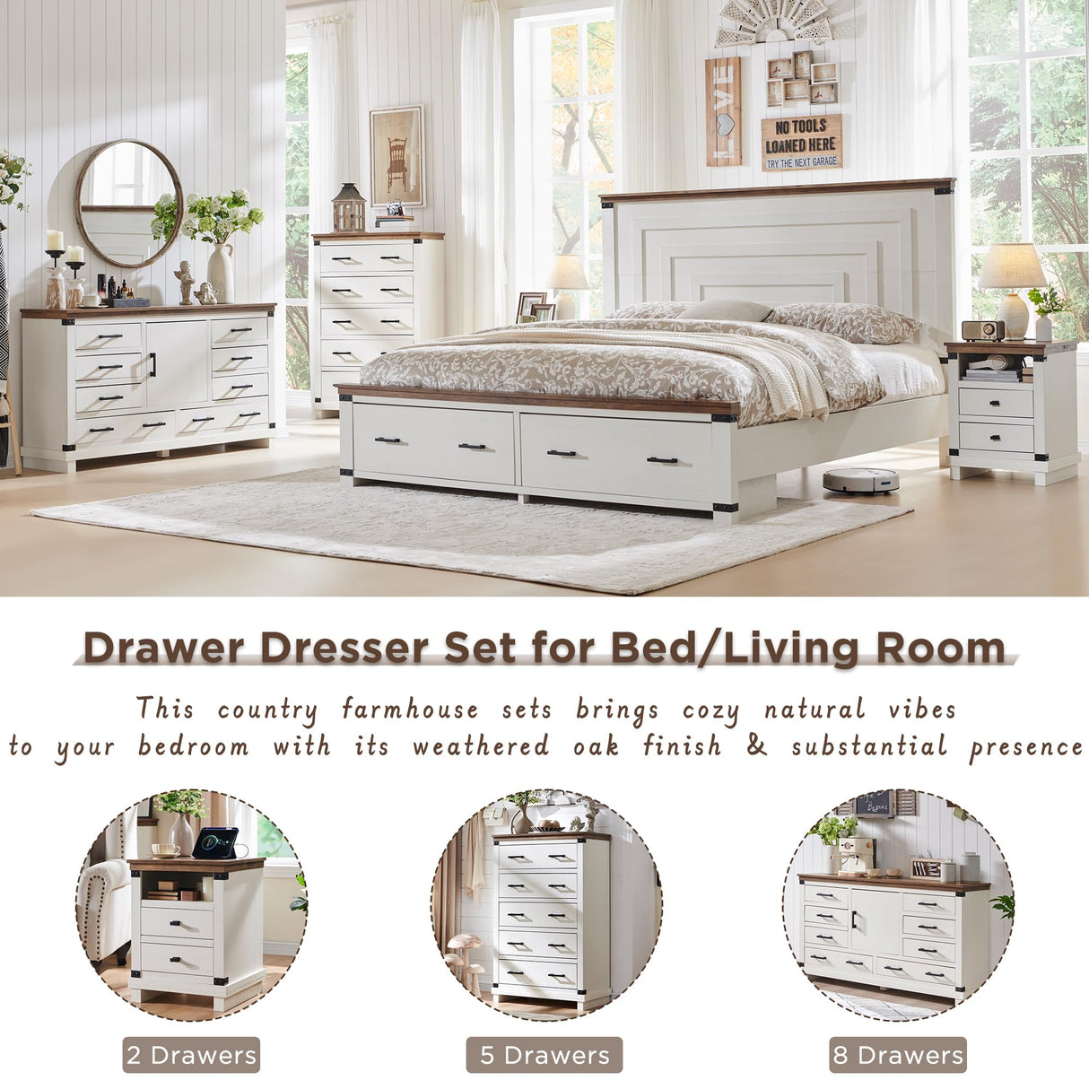 T4TREAM Farmhouse 6 Drawers Dresser for Bedroom, 54" Wide Wood Chest of Drawers w/Natural Texture & Metal Handle, Rustic Storage Dressers Organizer for Living Room, Hallway, Antique White T4TREAM