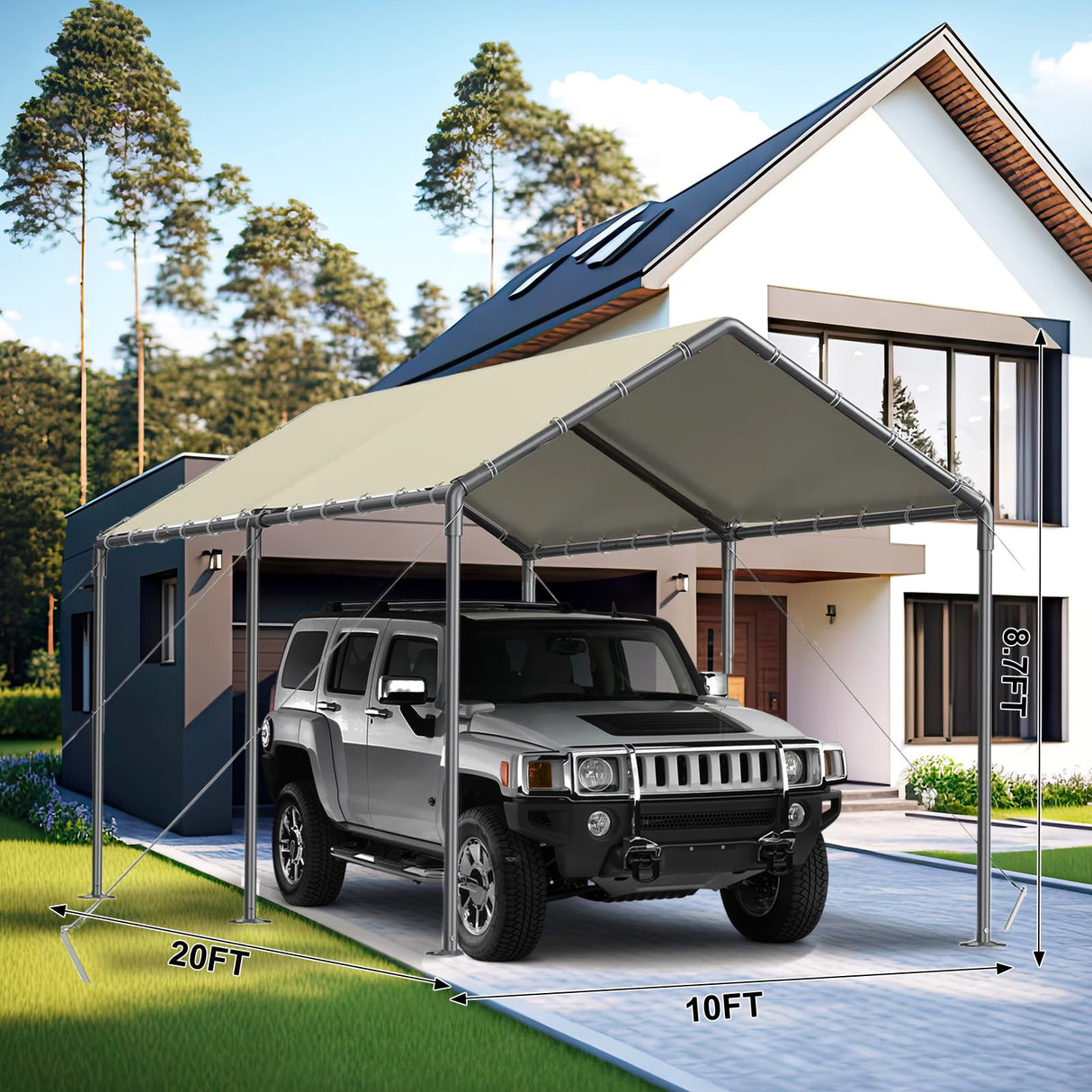 Outdoor Carport 10x20ft Heavy Duty Car Tent, Portable Garage Canopy Storage Shed, Car Shelter, All-Season Tarp Tent for Car, Party (Bg) Grezone