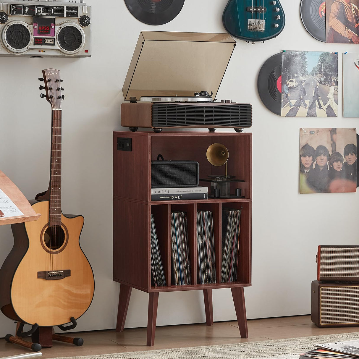 Lerliuo Record Player Stand with Charging Station, Walnut Turntable Stand Holds up to 160 Albums, Mid-Century Vinyl Storage Cabinet Table with Wood Legs, Record Holder Dispaly Shelf for Living Room Lerliuo